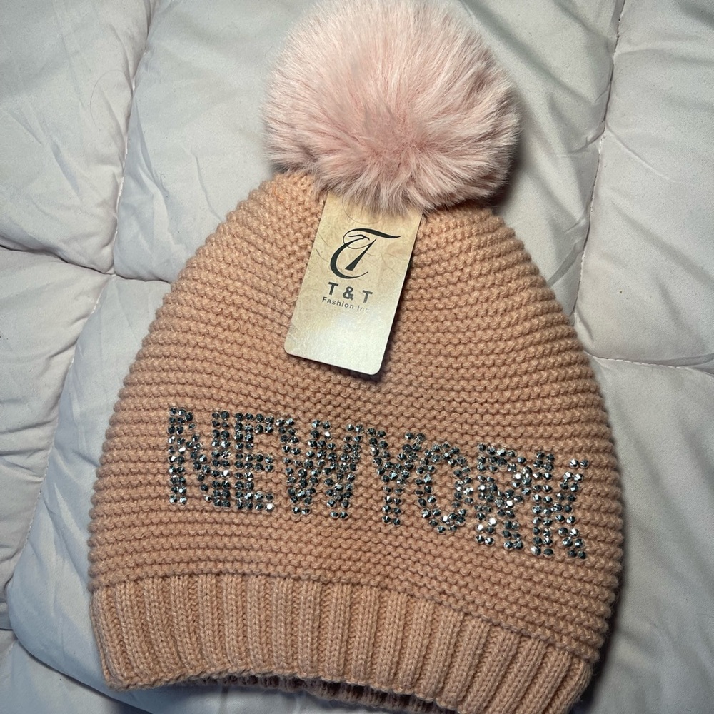 Pink Knit Rhinestone Fluffy Pom-Pom ‘New York’ y2k Beanie